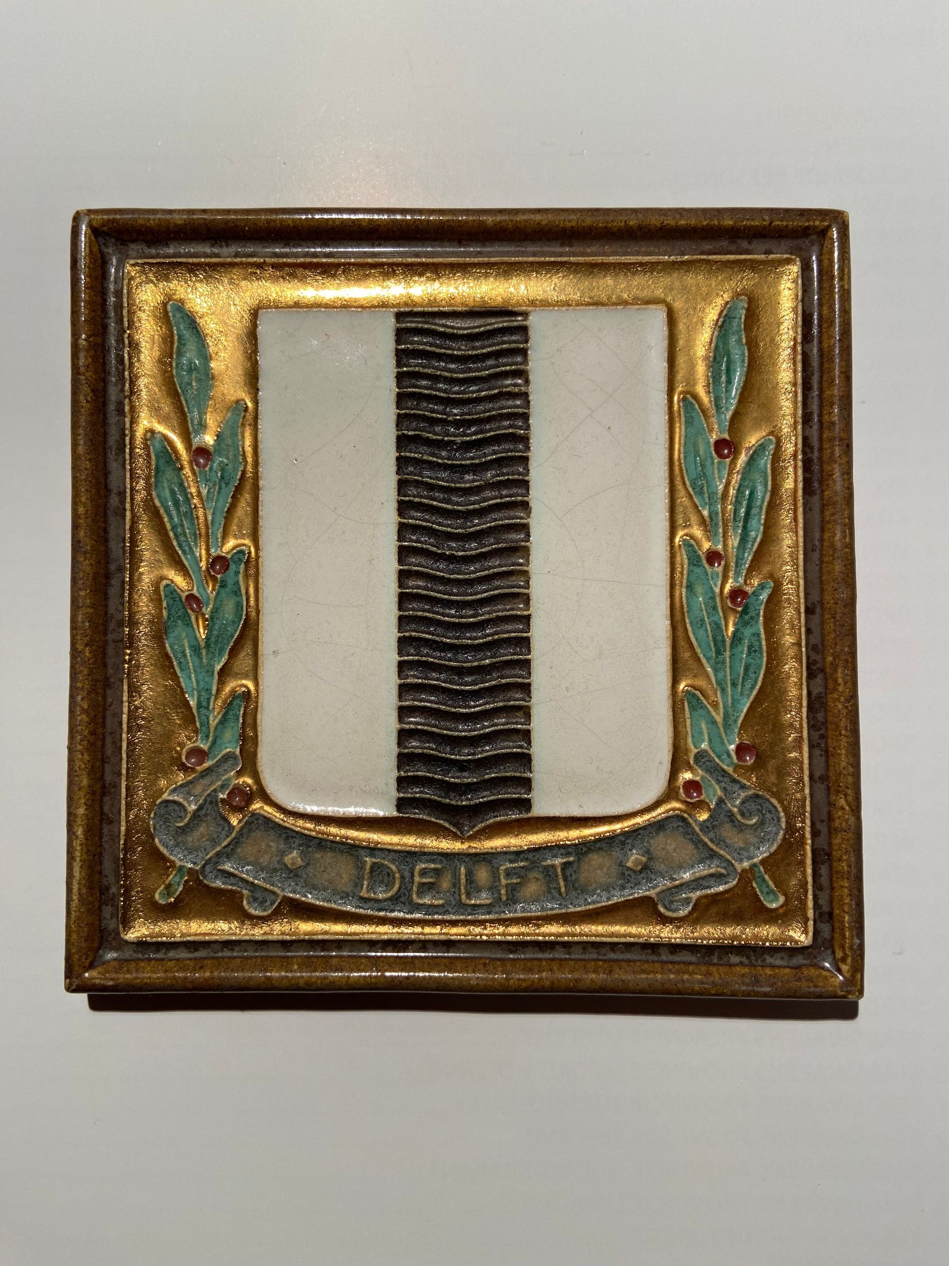 PFtile Porceleyne Fles Delft Cloisonne tile coat of arms