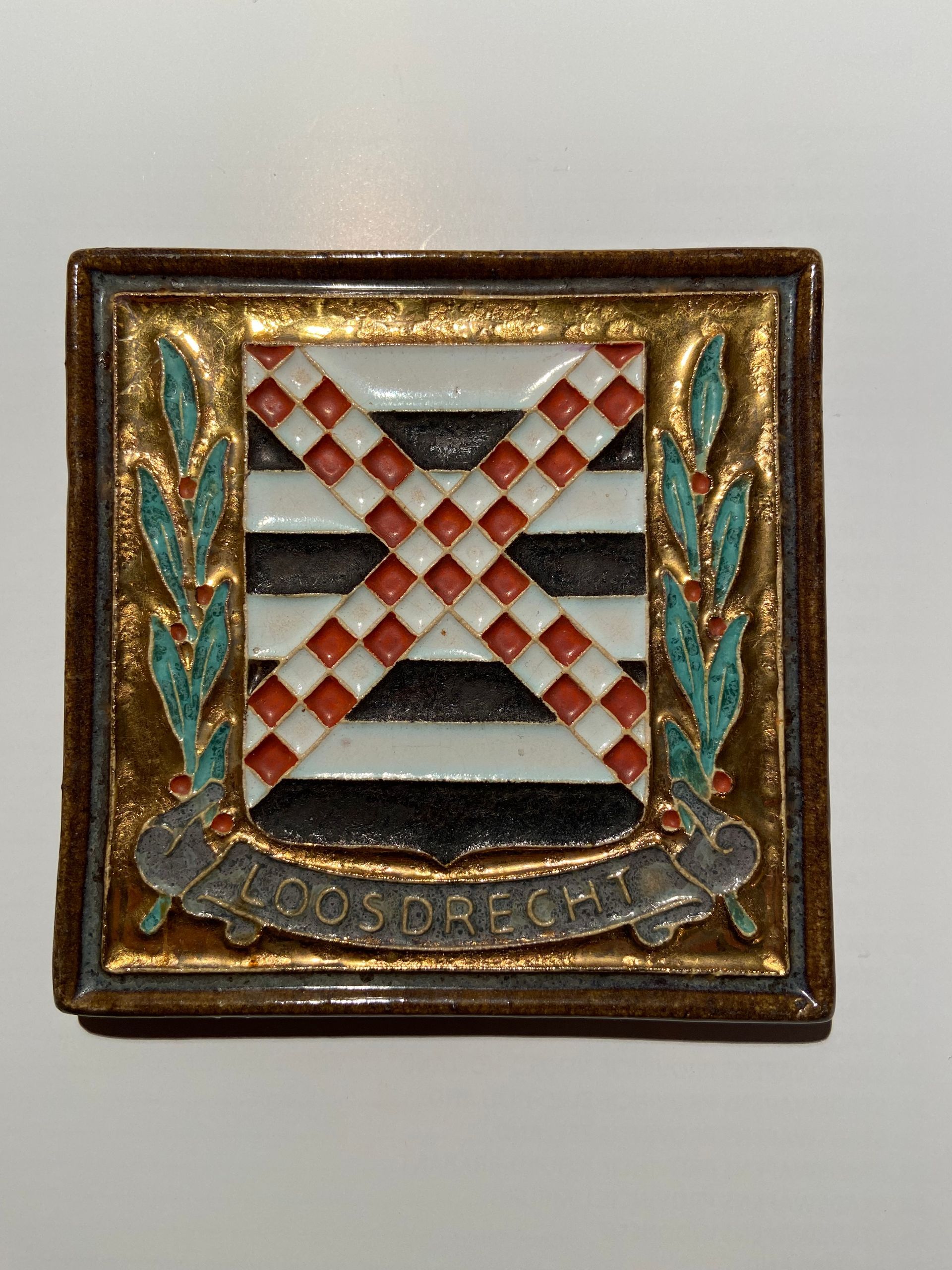 PFtile Porceleyne Fles Delft Cloisonne tile coat of arms