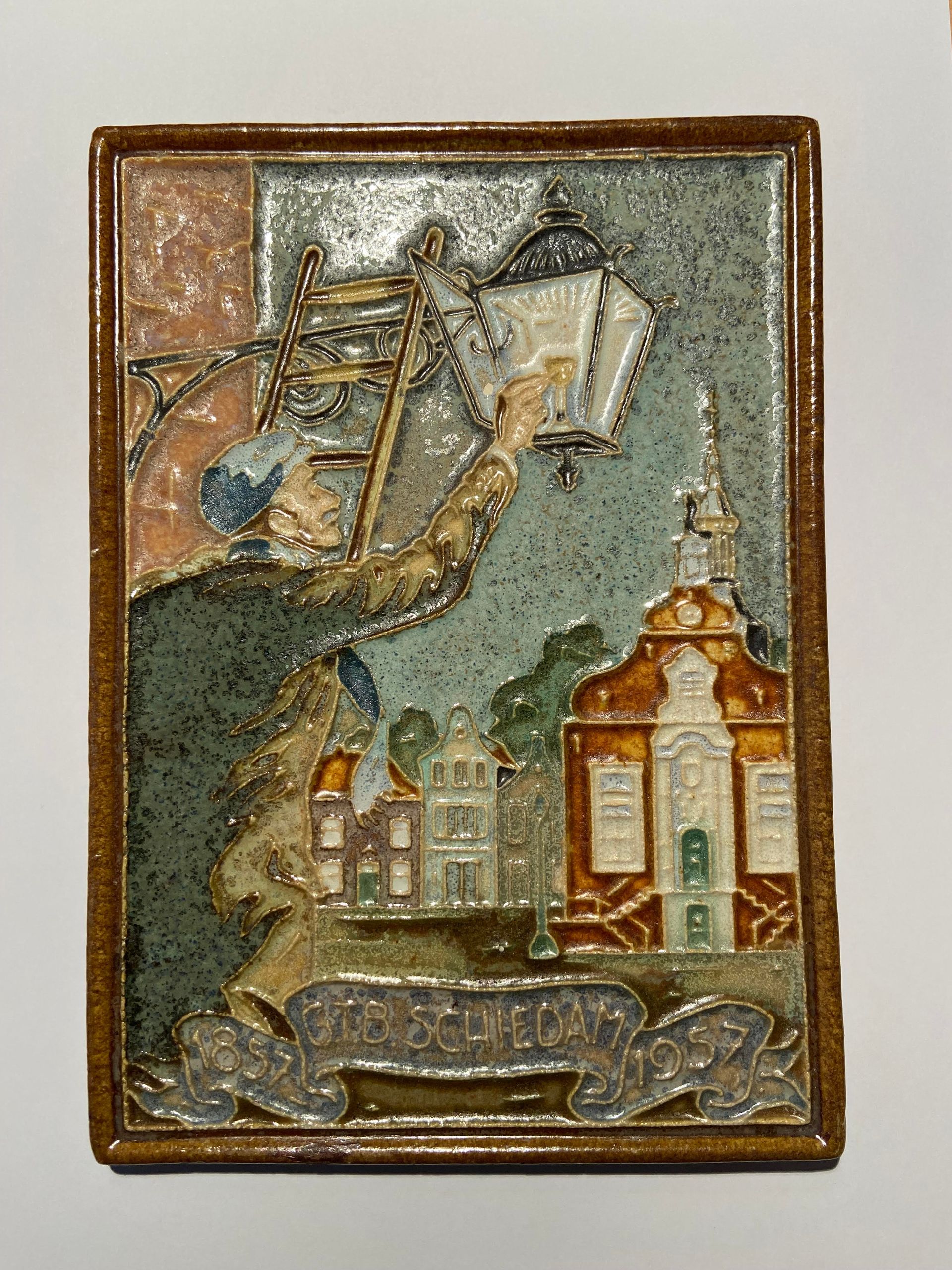 PFtegel Porceleyne Fles Delft Cloisonne tegel 100 jarig bestaan technische bedrijven gemeente Schiedam 1 october 1957
