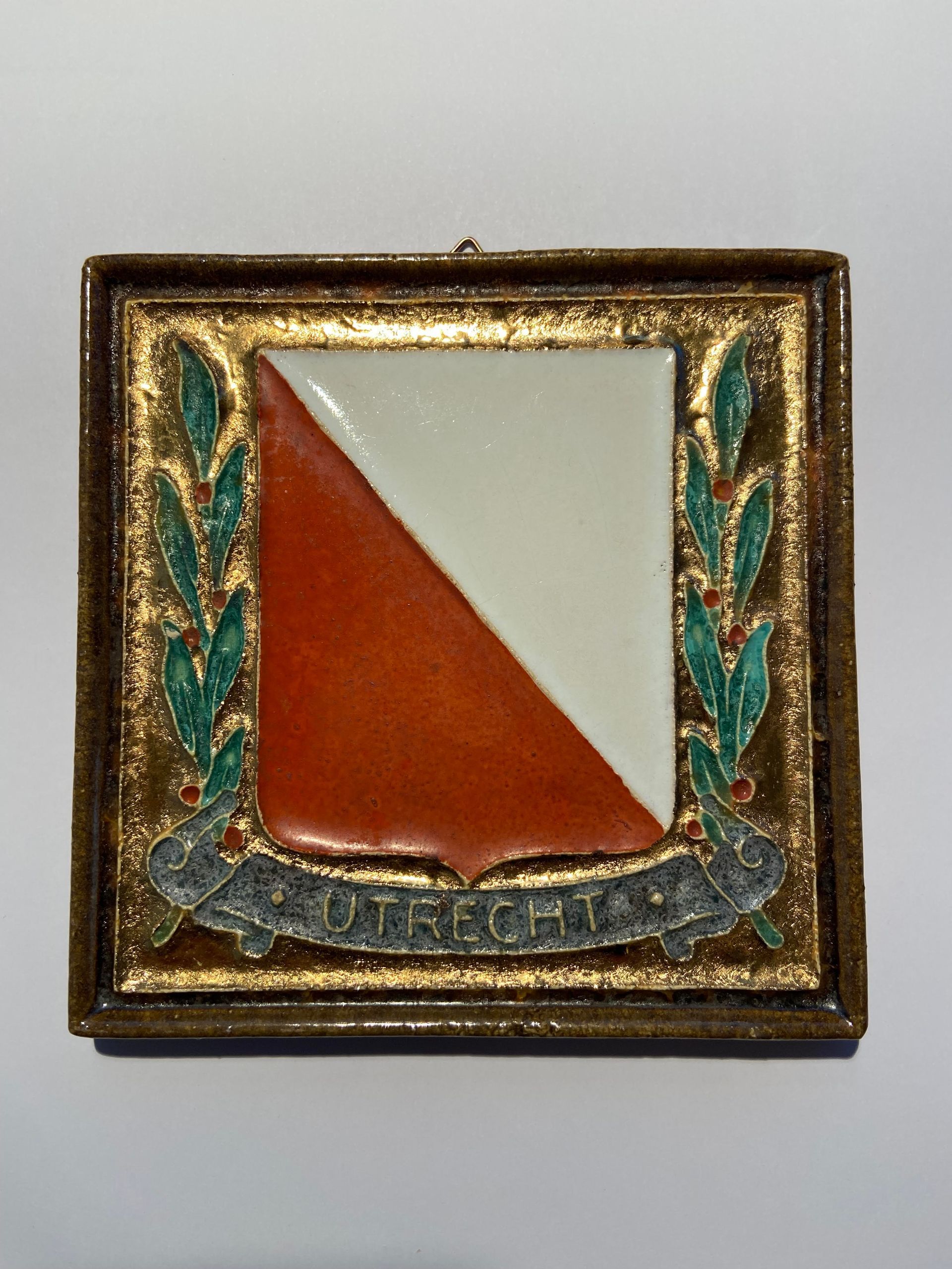PFtile Porceleyne Fles Delft Cloisonne tile coat of arms
