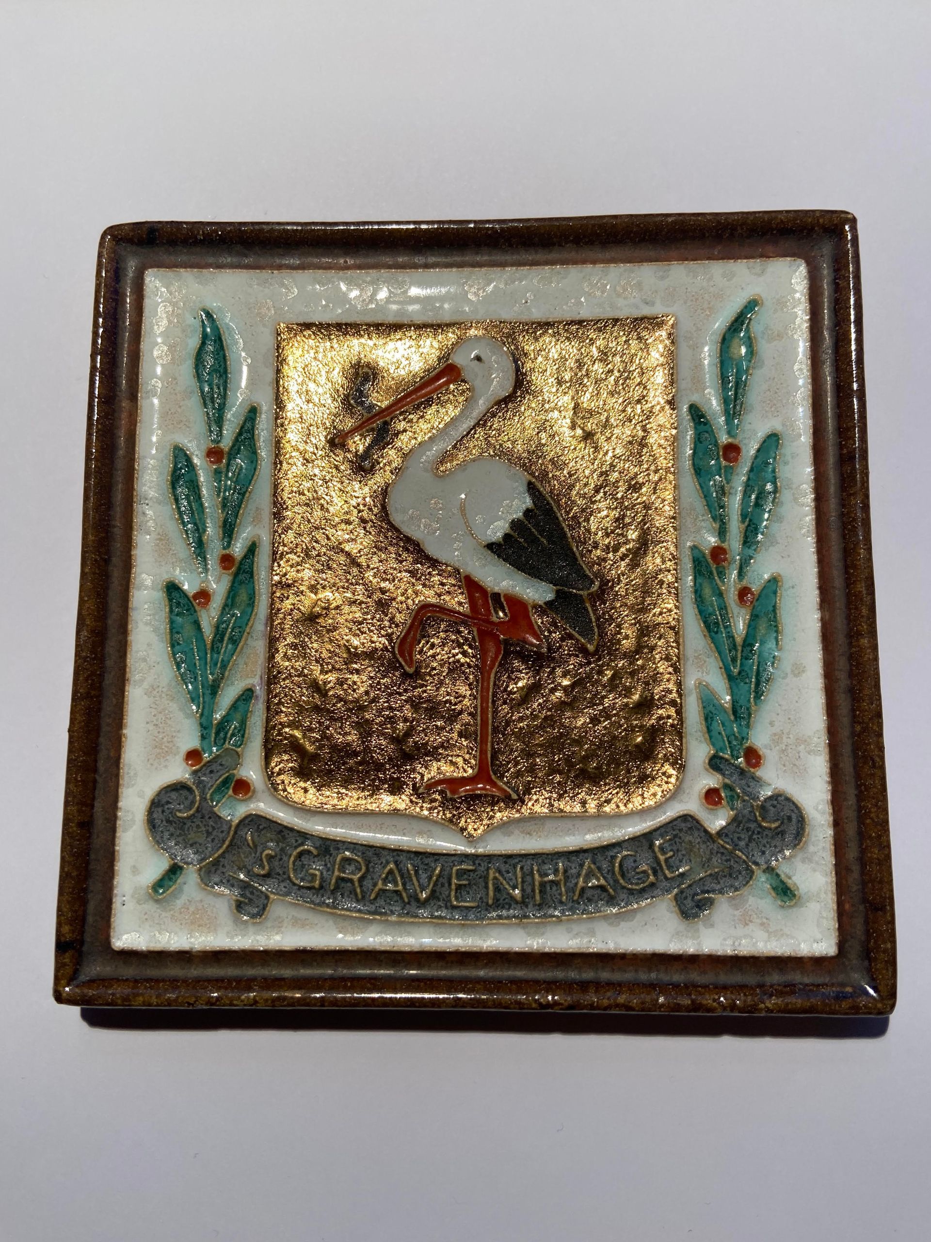 PFtile Porceleyne Fles Delft Cloisonne tile coat of arms