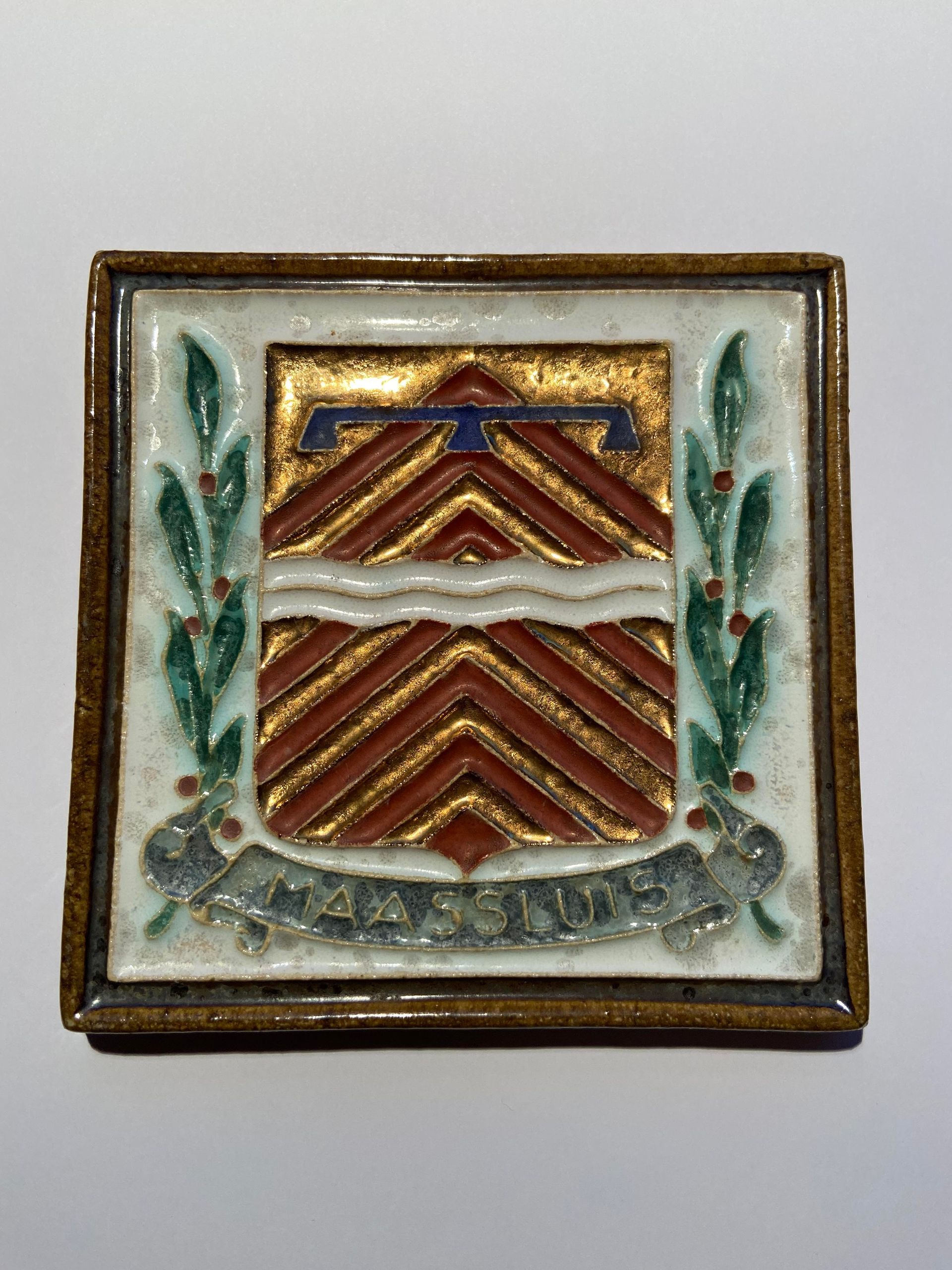 PFtile Porceleyne Fles Delft Cloisonne tile coat of arms