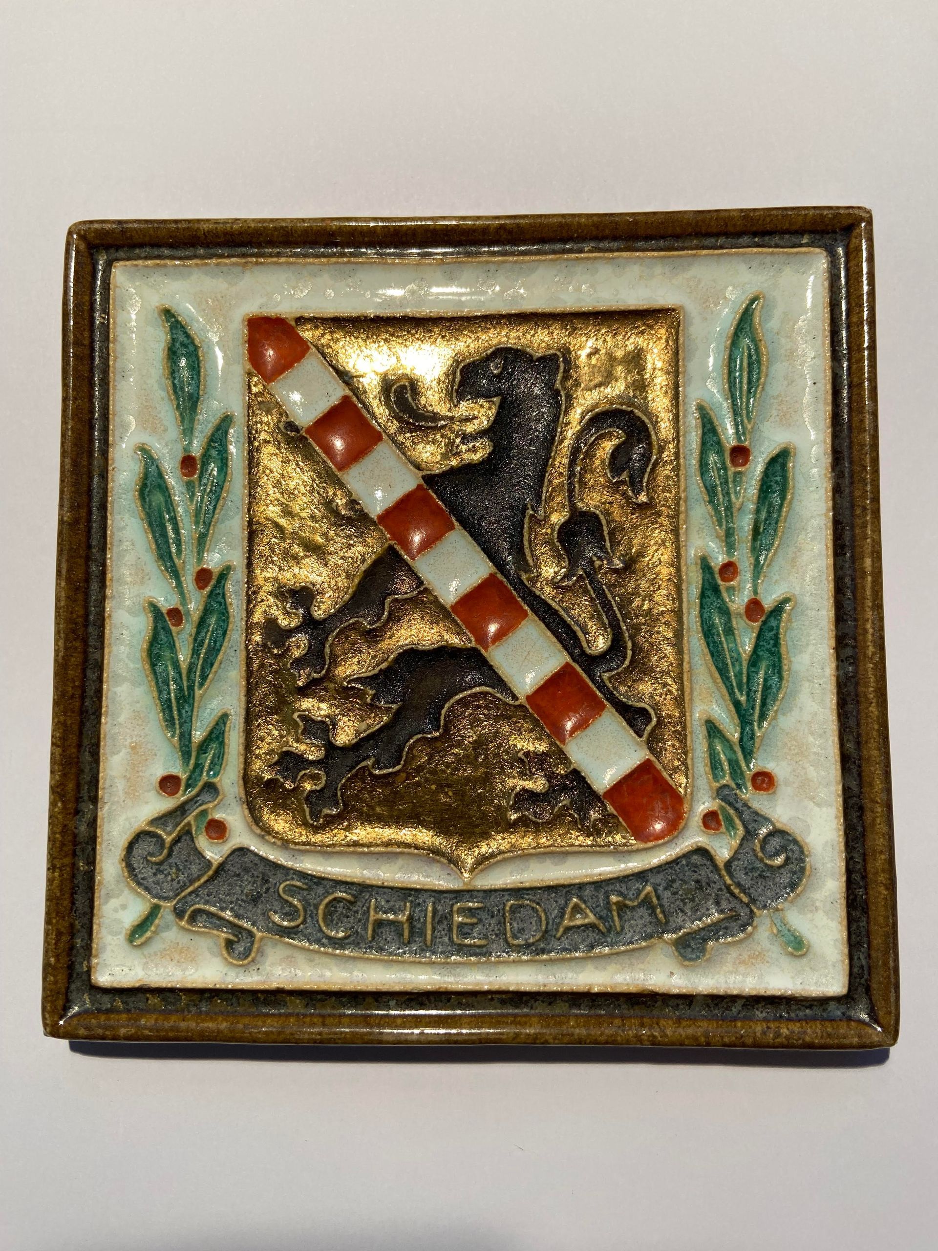 PFtile Porceleyne Fles Delft Cloisonne tile coat of arms