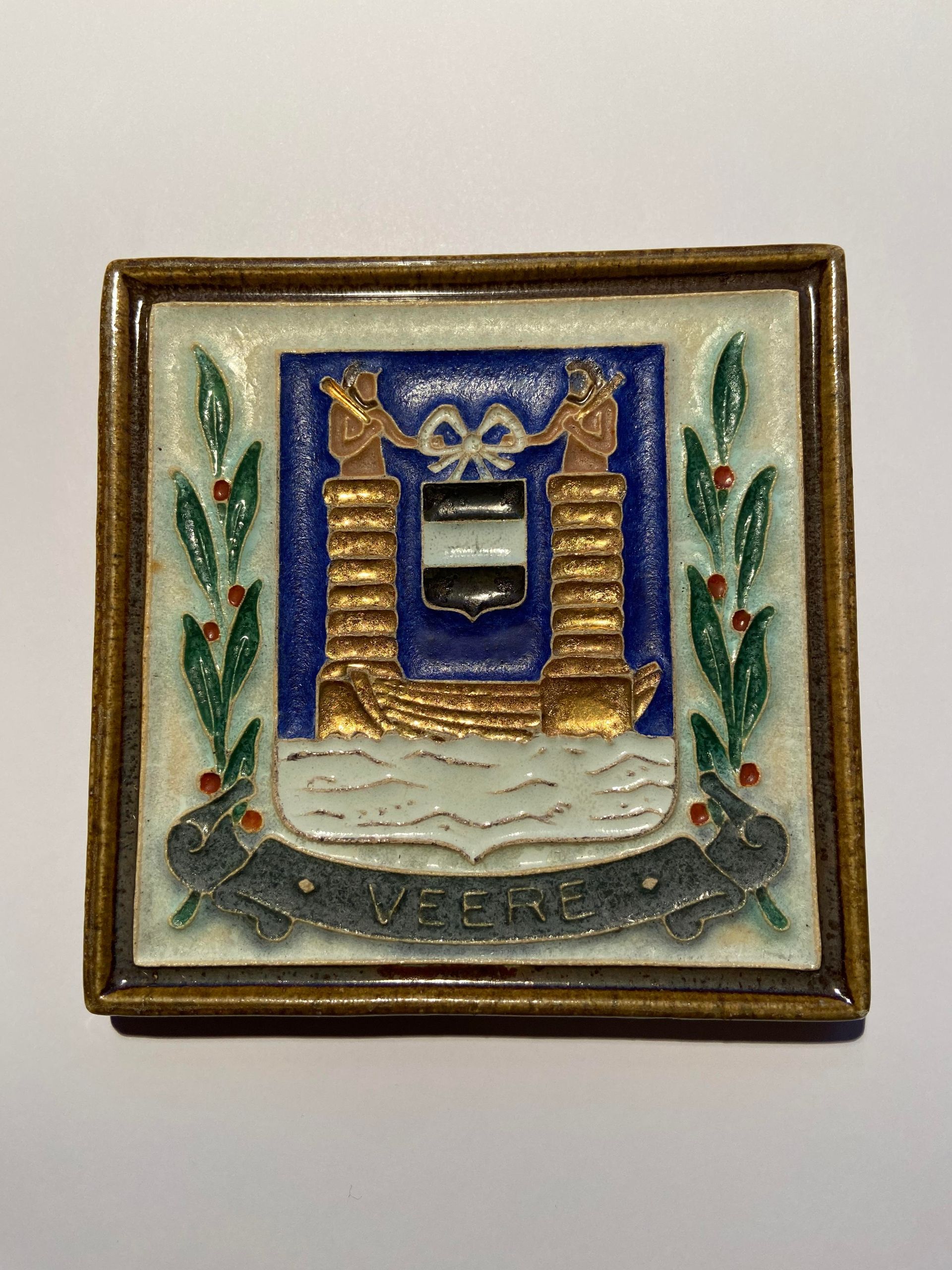 PFtile Porceleyne Fles Delft Cloisonne tile coat of arms