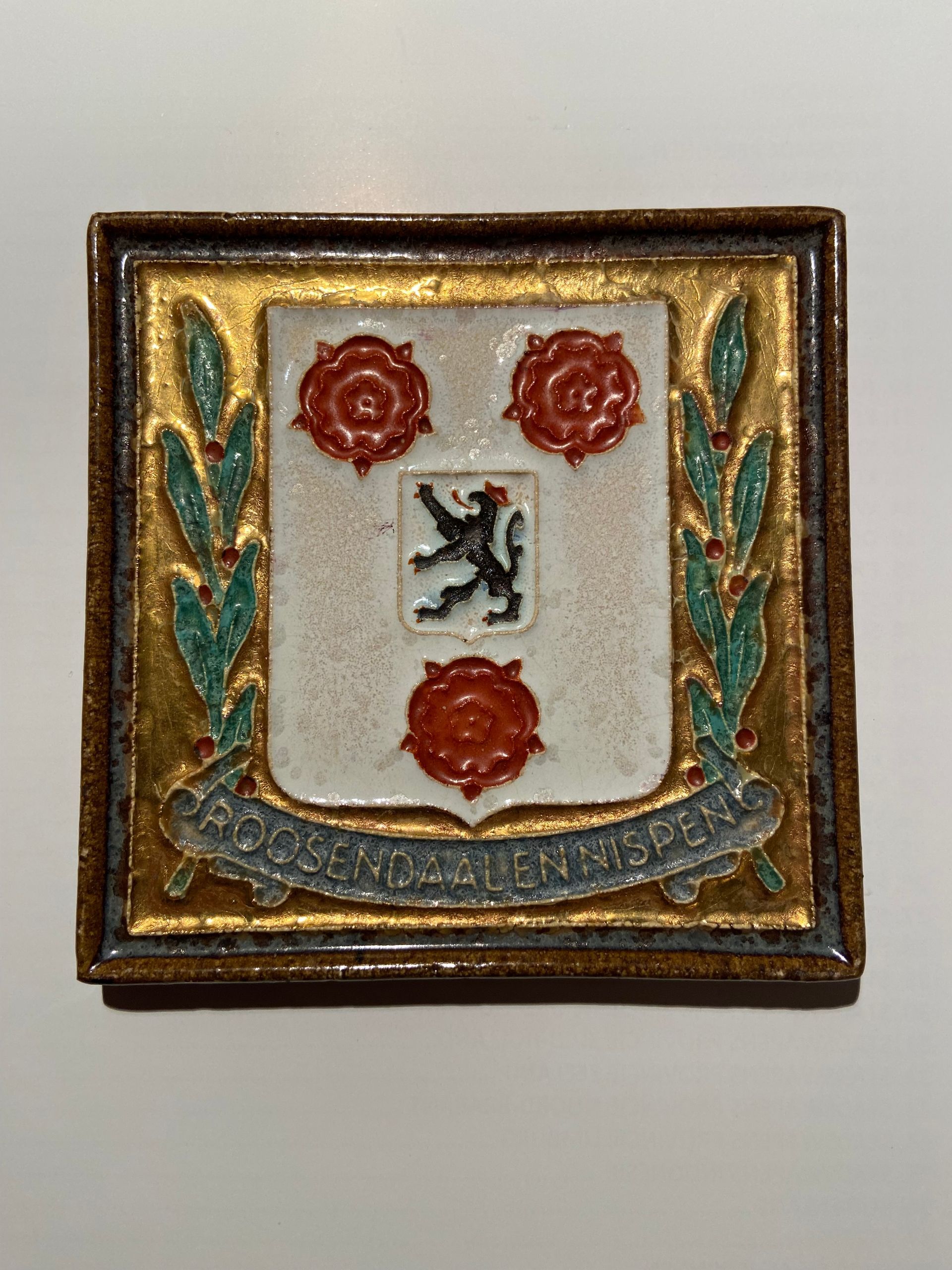 PFtile Porceleyne Fles Delft Cloisonne tile coat of arms