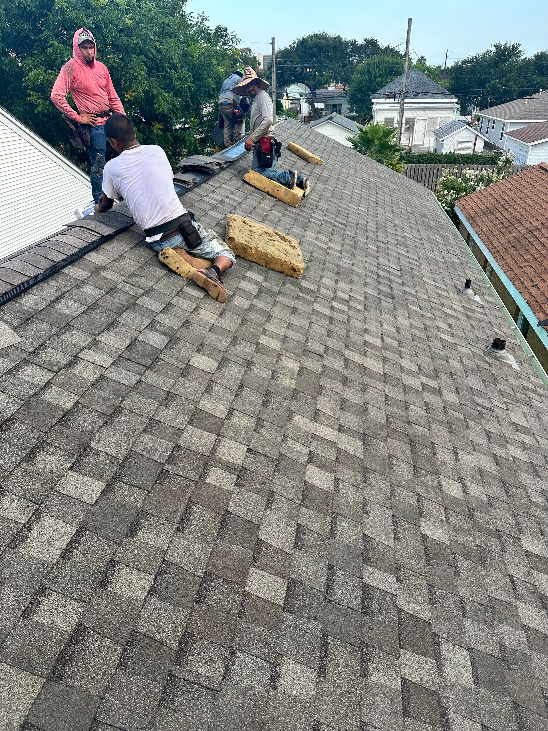 Roofers working on a shingled roof, trees and buildings in the background.
