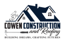 Logo for Cowen Construction, featuring a house silhouette, a worker, a hammer, and the company name.