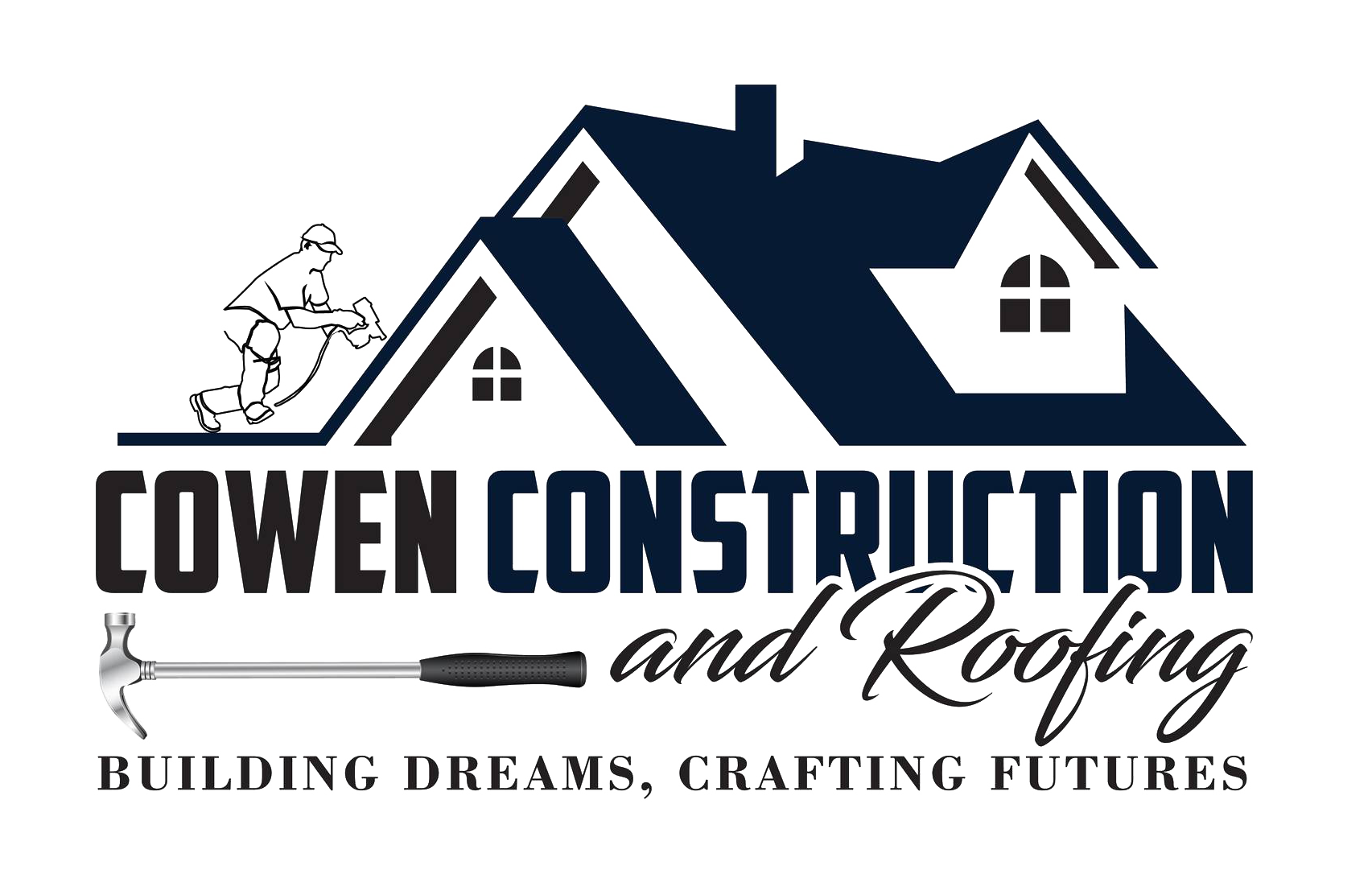 Logo for Cowen Construction, featuring a house silhouette, a worker, a hammer, and the company name.