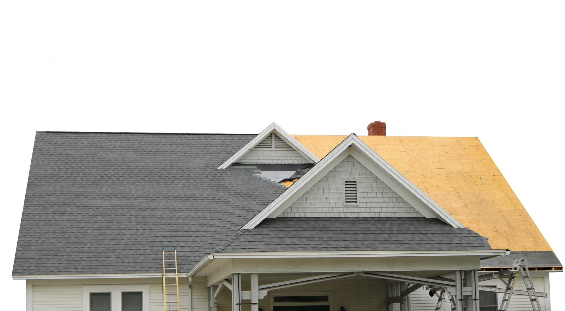 House with roof partially covered in dark shingles, partially exposed wood.