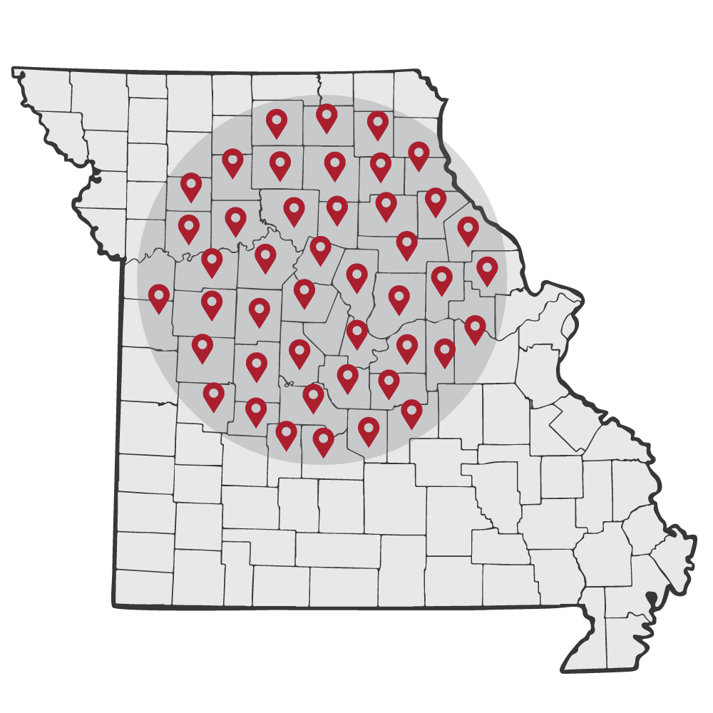 A Map of the Areas PCE Construction Serves in the Mid-Missouri Region.