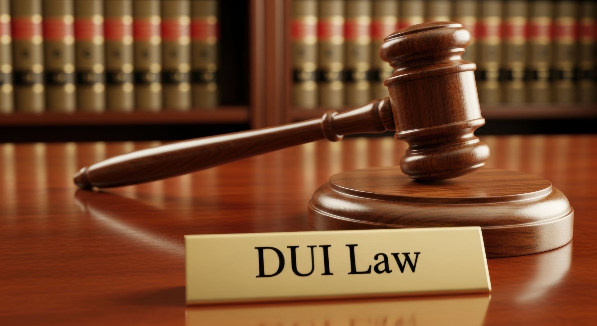 Wooden gavel beside a DUI law nameplate on a desk with law books behind it.