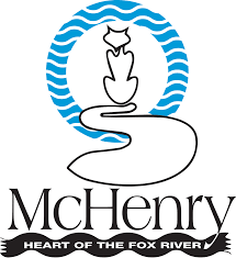 Logo for McHenry, Illinois: Blue wavy ring, stylized river, text