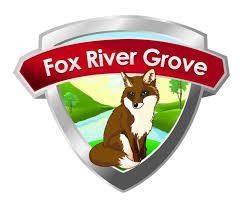 Fox River Grove logo: fox sitting by a river, on a shield, with a red banner.