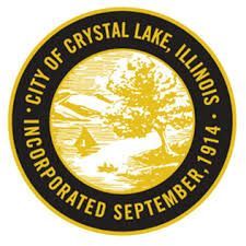 City of Crystal Lake, Illinois seal: Yellow and black circular emblem with a landscape scene.