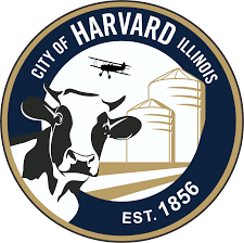 City of Harvard, Illinois seal: Cow, airplane, silos, and text within a blue and gold circle.