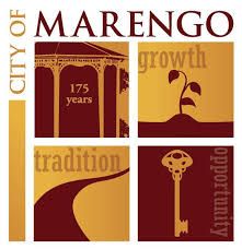City of Marengo logo: gazebo, plant, road, key in maroon and gold squares.
