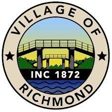 Village of Richmond, seal with a bridge over water, encircled by text and stars, cream and black.
