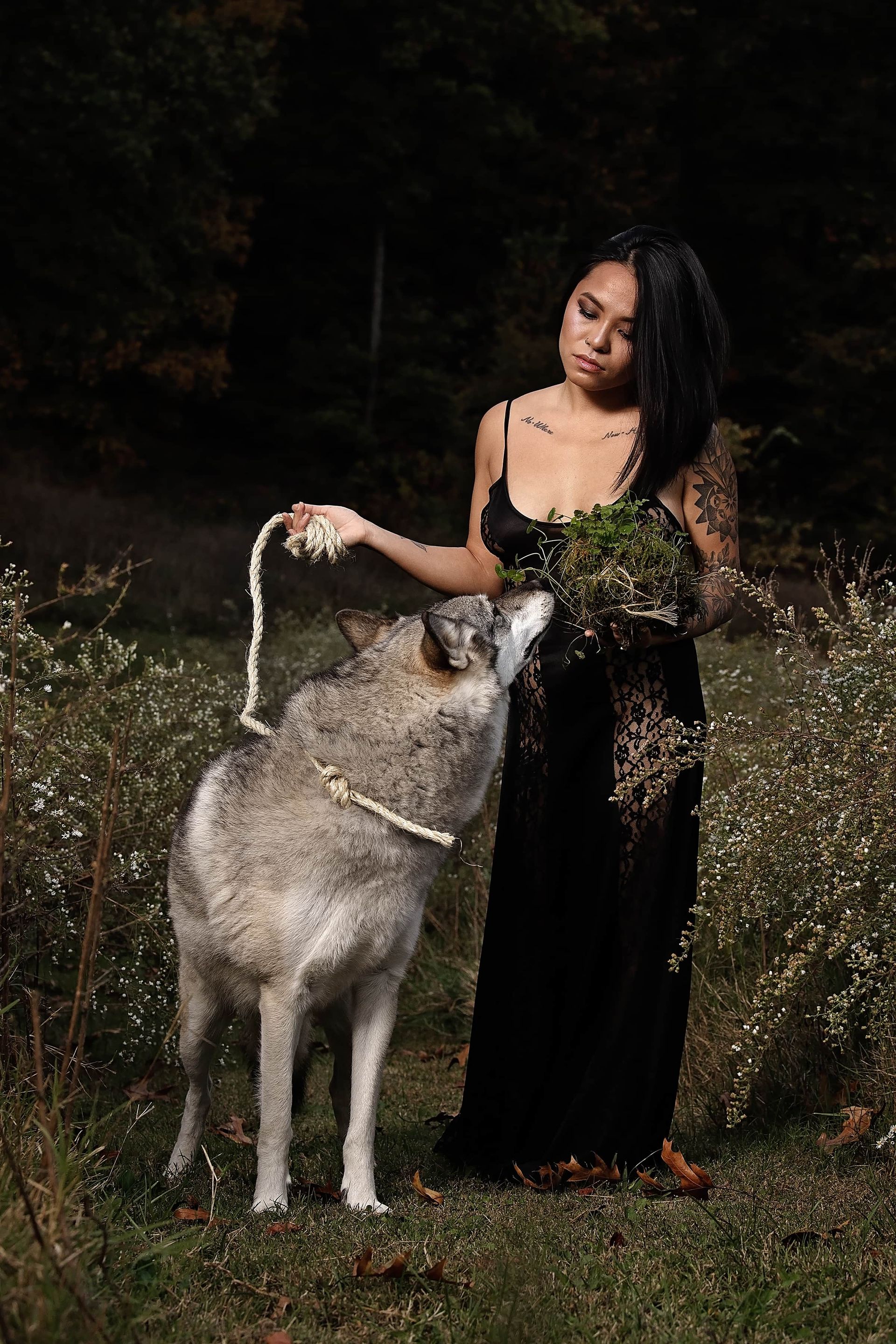 A woman in a black dress is standing next to a wolf.