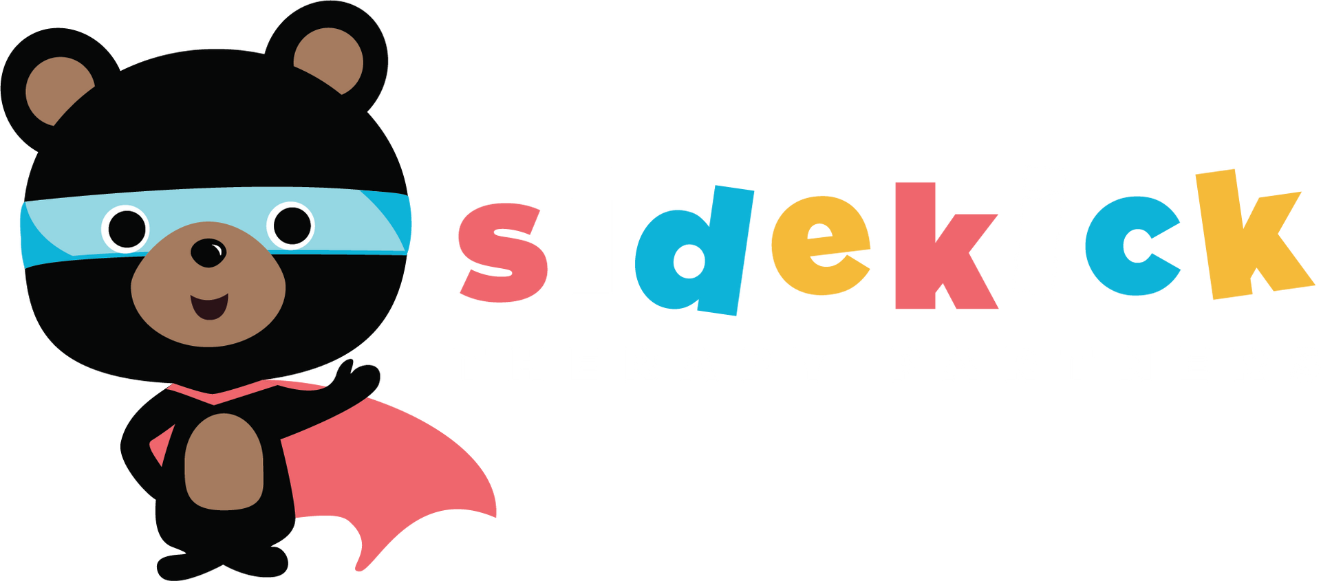 Superhero bear with a blue eye mask and cape pointing to colorful text: s deck ck.