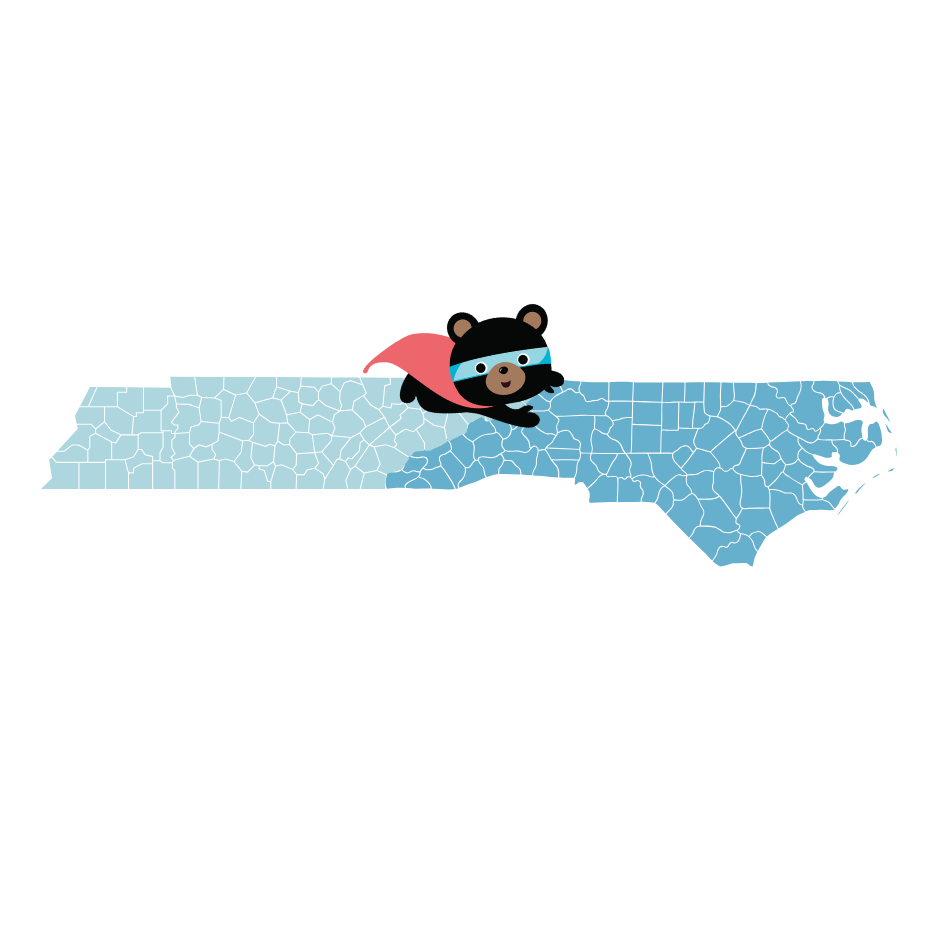 Superbear flying over a map of North Carolina.