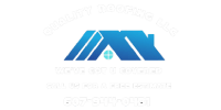 Blue geometric logo with a stylized house roof and white cross on a white background