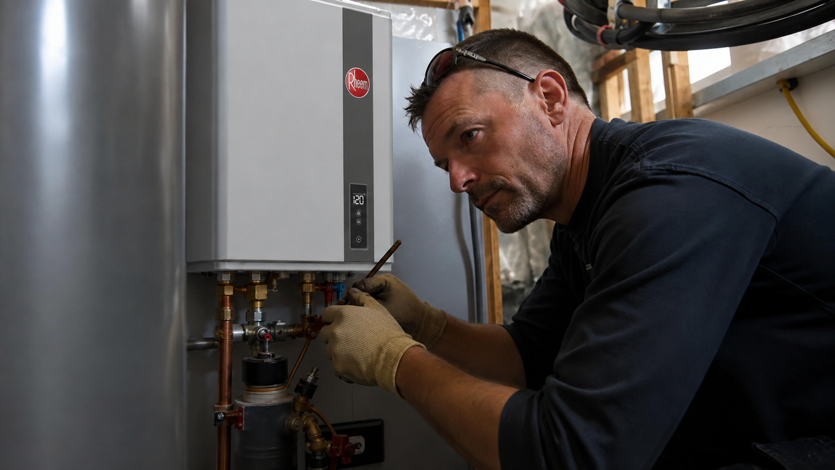 Technician in gloves inspecting machinery inside a metal cabinet with a red unit above it
