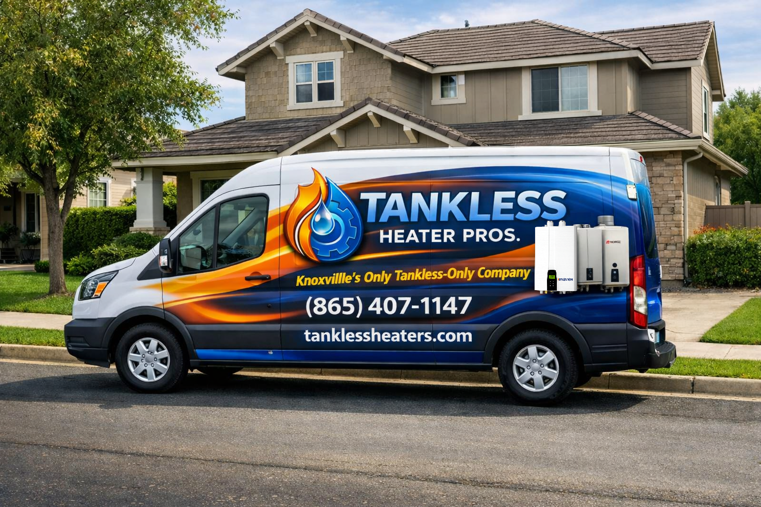 Blue Tankless Heater Pros service van parked in front of a house, with orange flames graphic and website text