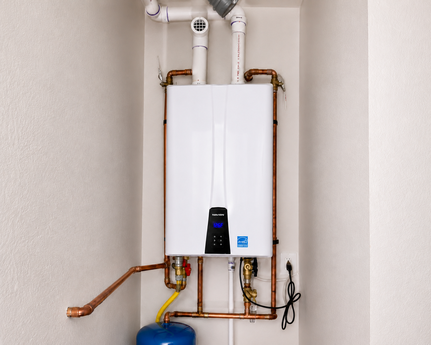 Wall-mounted white water heater with exposed copper pipes in a narrow utility closet