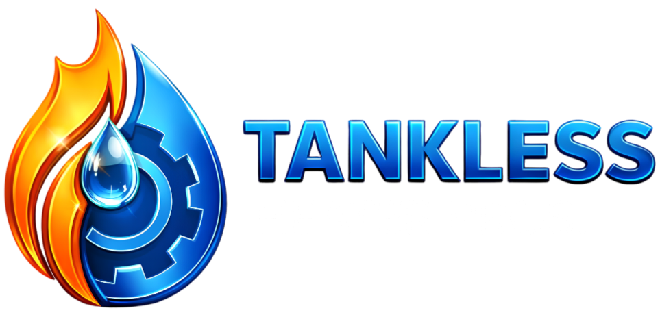 Tankless logo with a blue flame and water droplet gear icon on a white background