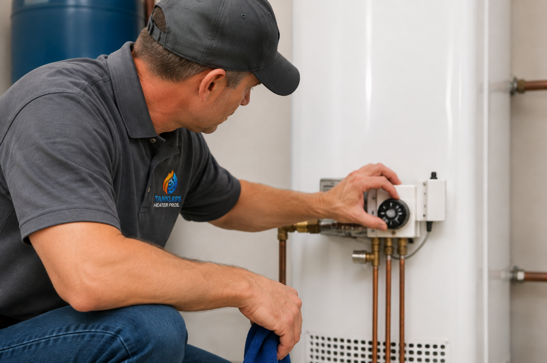 Technician adjusting a wall-mounted control box beside pipes in a utility room