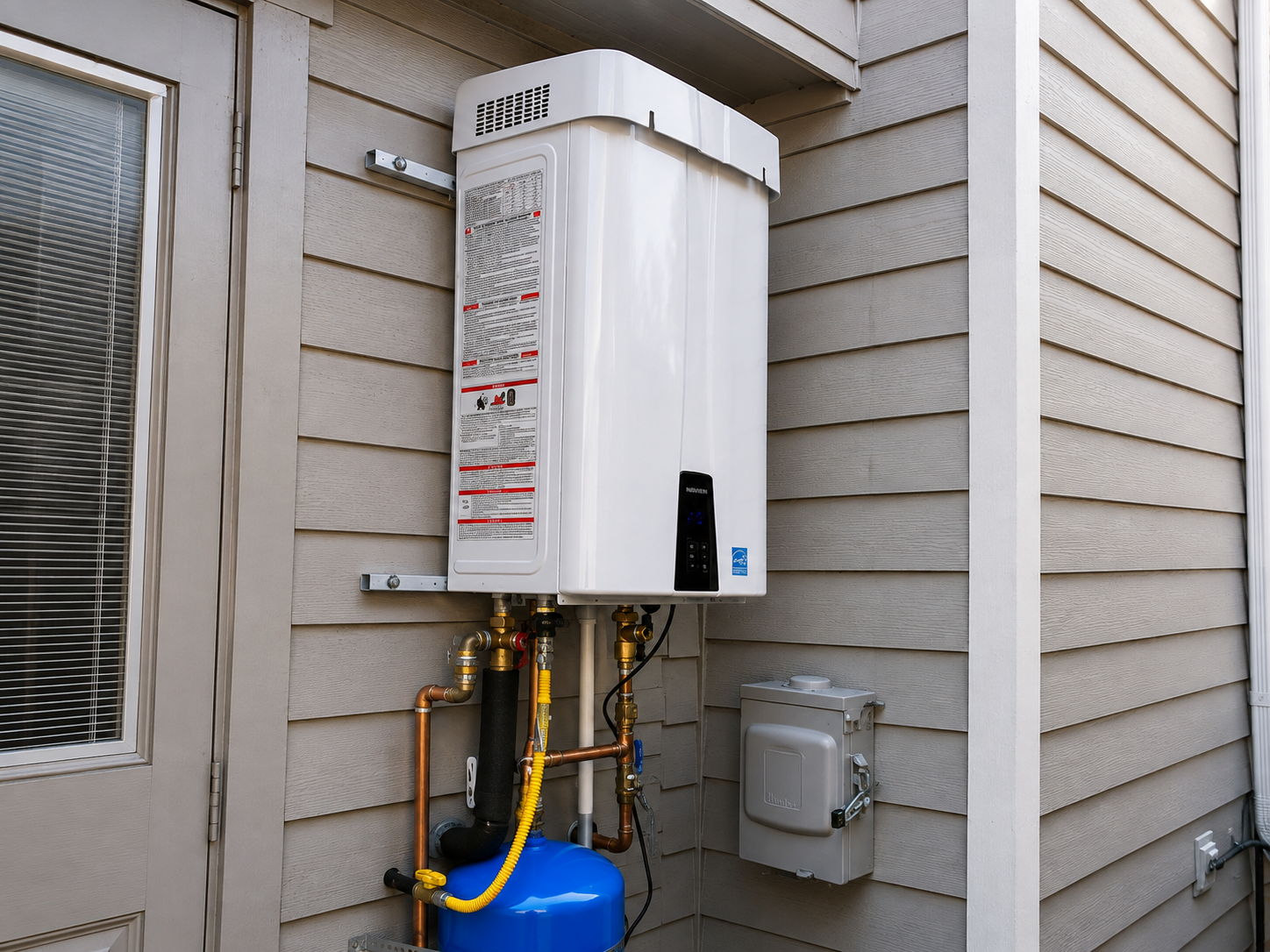 Wall-mounted white water heater with exposed copper pipes in a narrow utility closet