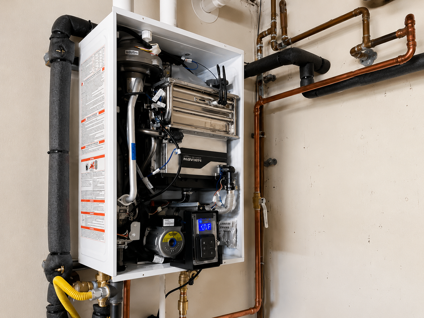 Technician inspecting plumbing inside a red water heater, wearing gloves and leaning in to adjust parts