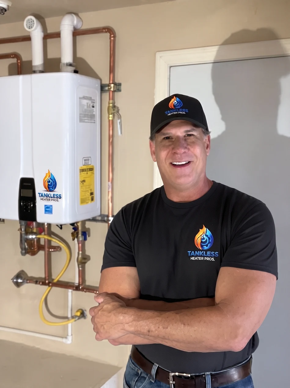 Man standing beside a wall-mounted water heater and copper pipes, arms crossed, in a utility room.