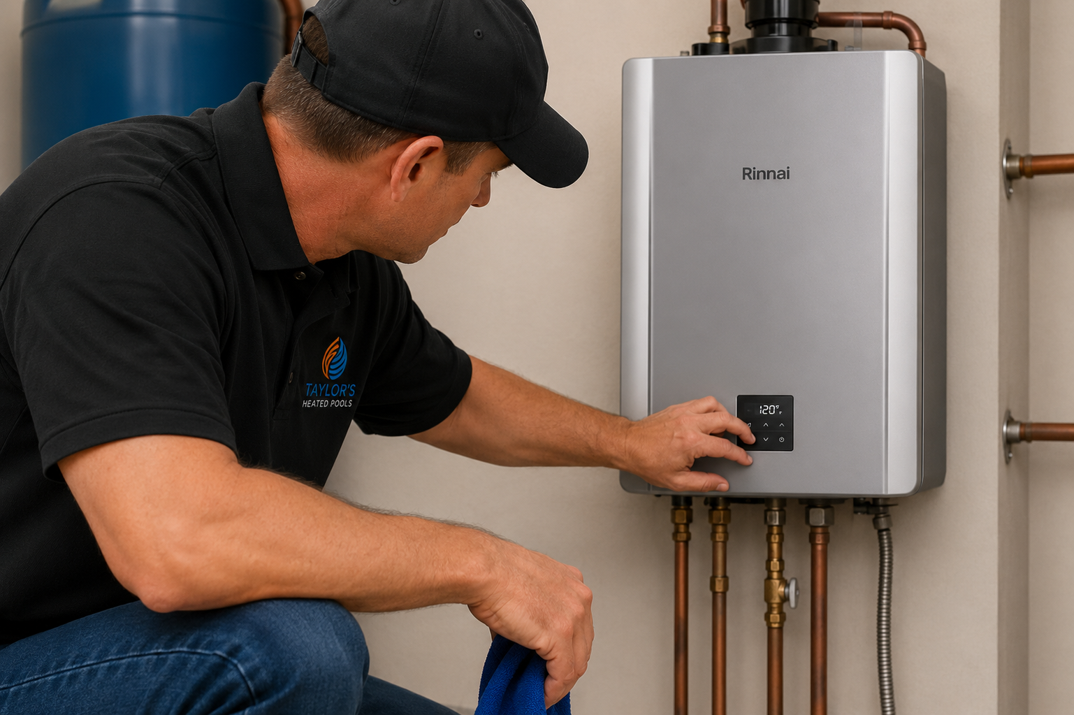 Technician adjusting a wall-mounted control box beside pipes in a utility room