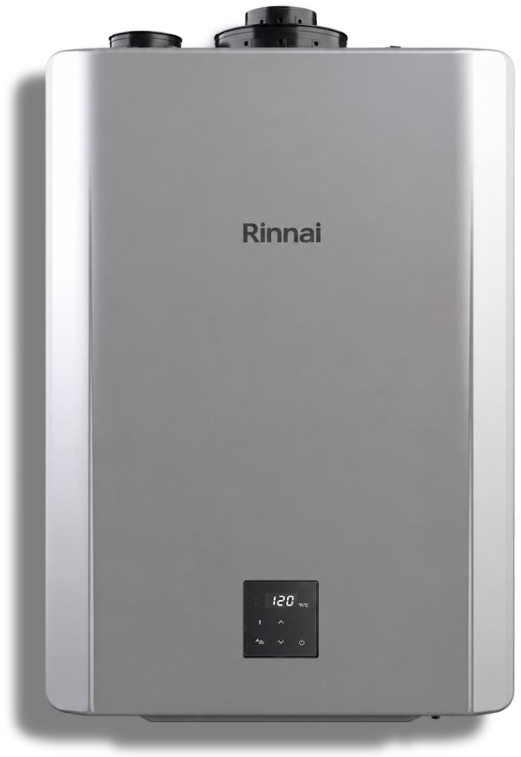 Silver Rinnai wall-mounted tankless water heater with black control panel