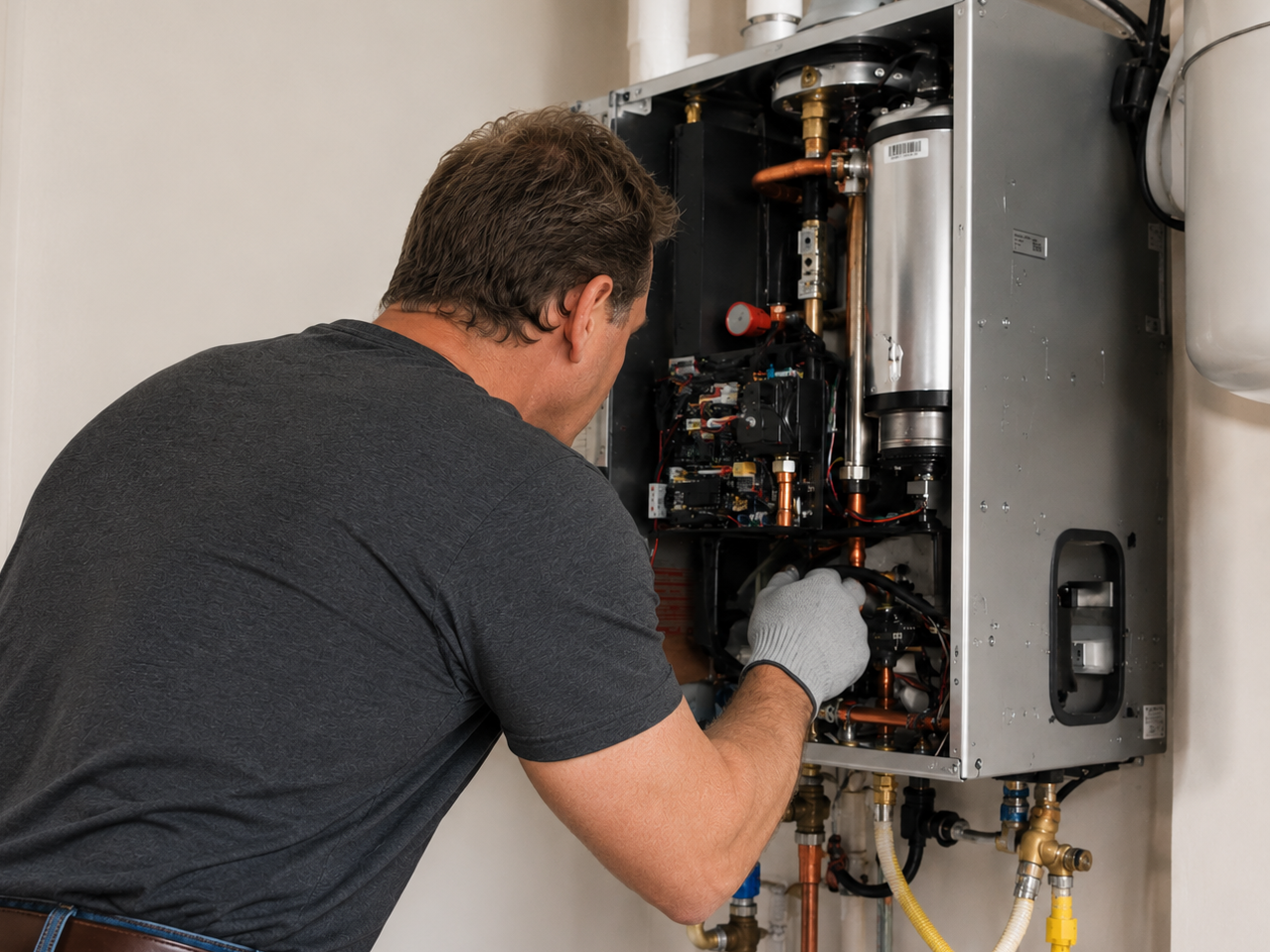 Technician inspecting the open panel of a wall-mounted boiler system with a flashlight.