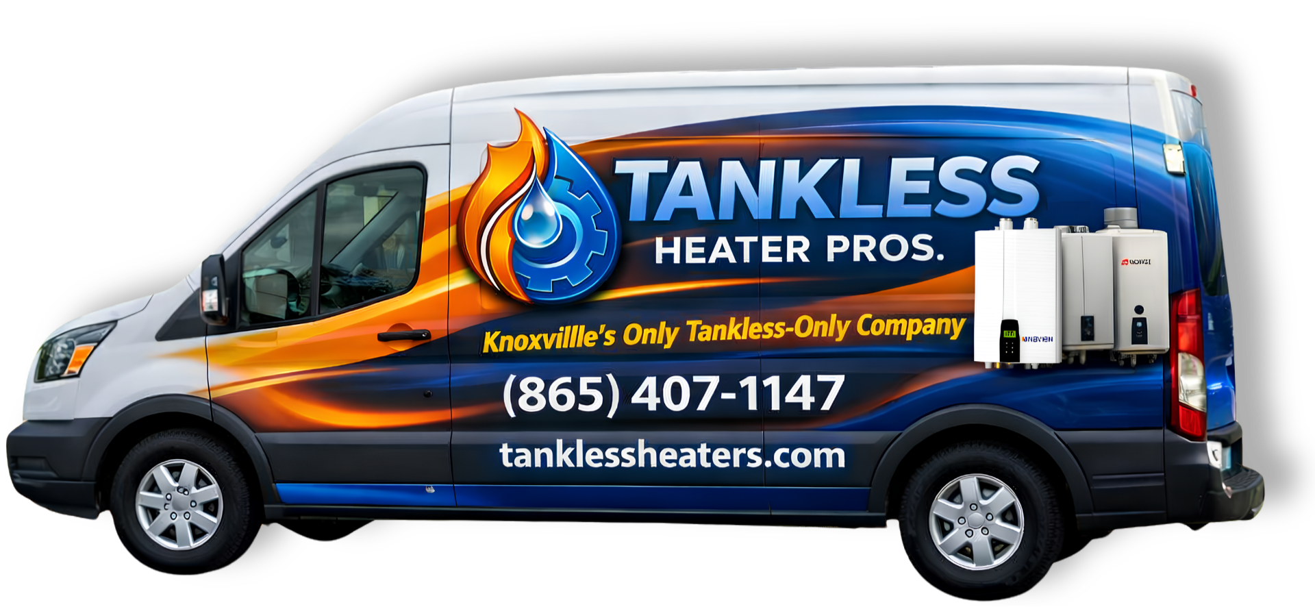 Tankless heater service van with blue-orange flame logo and contact number 406-407-1147