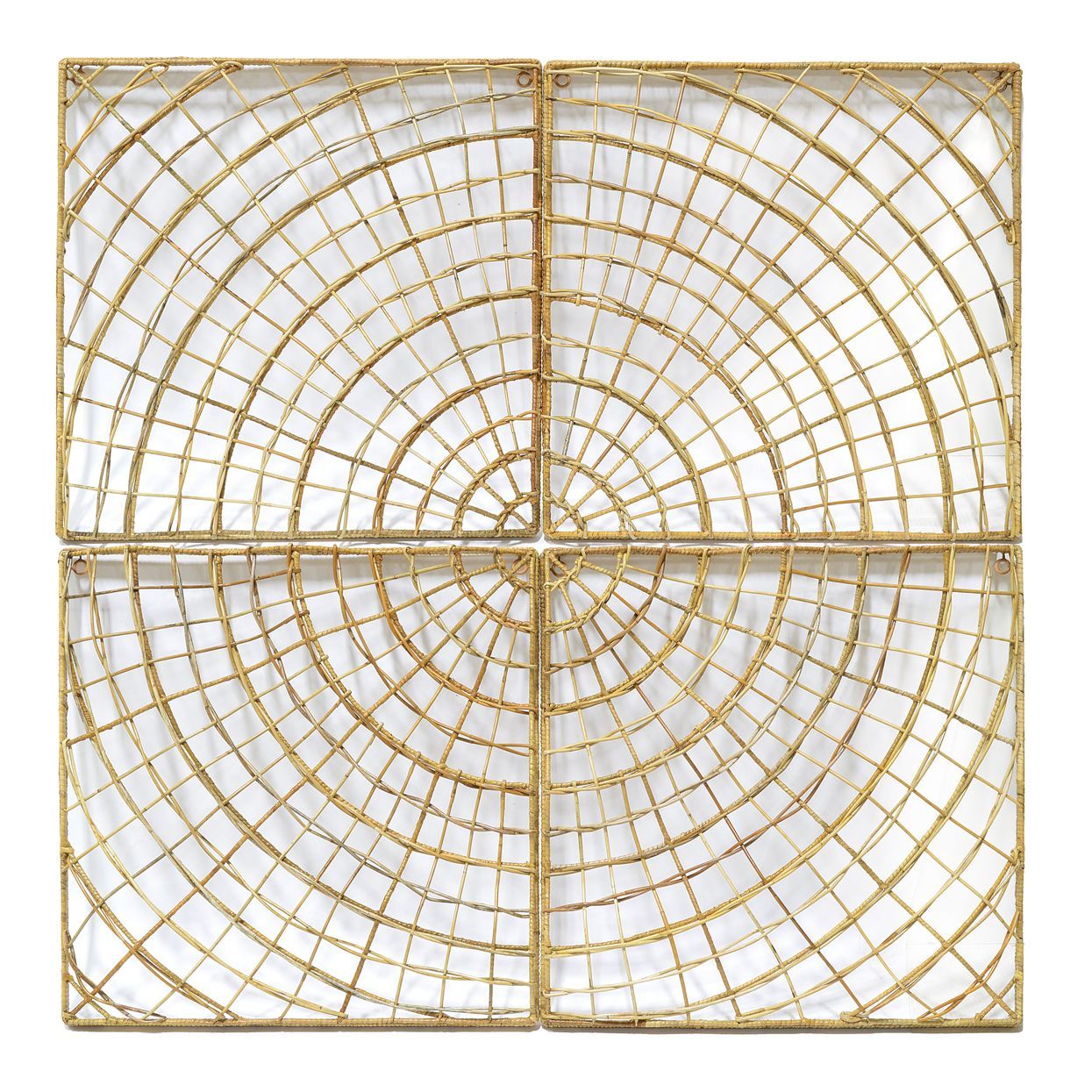 Gold wire geometric mandala on white background, divided into four square sections.