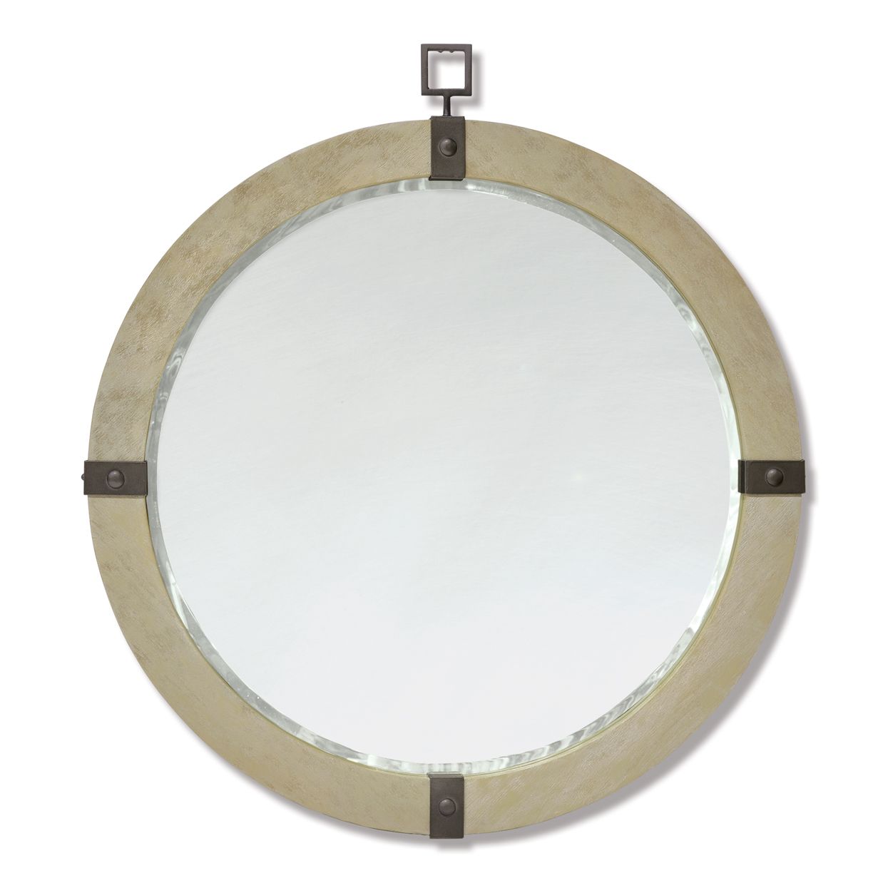 Round wall mirror with beige frame and black mounting brackets