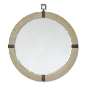 Round beige-framed mirror or porthole with four dark clips on a white background
