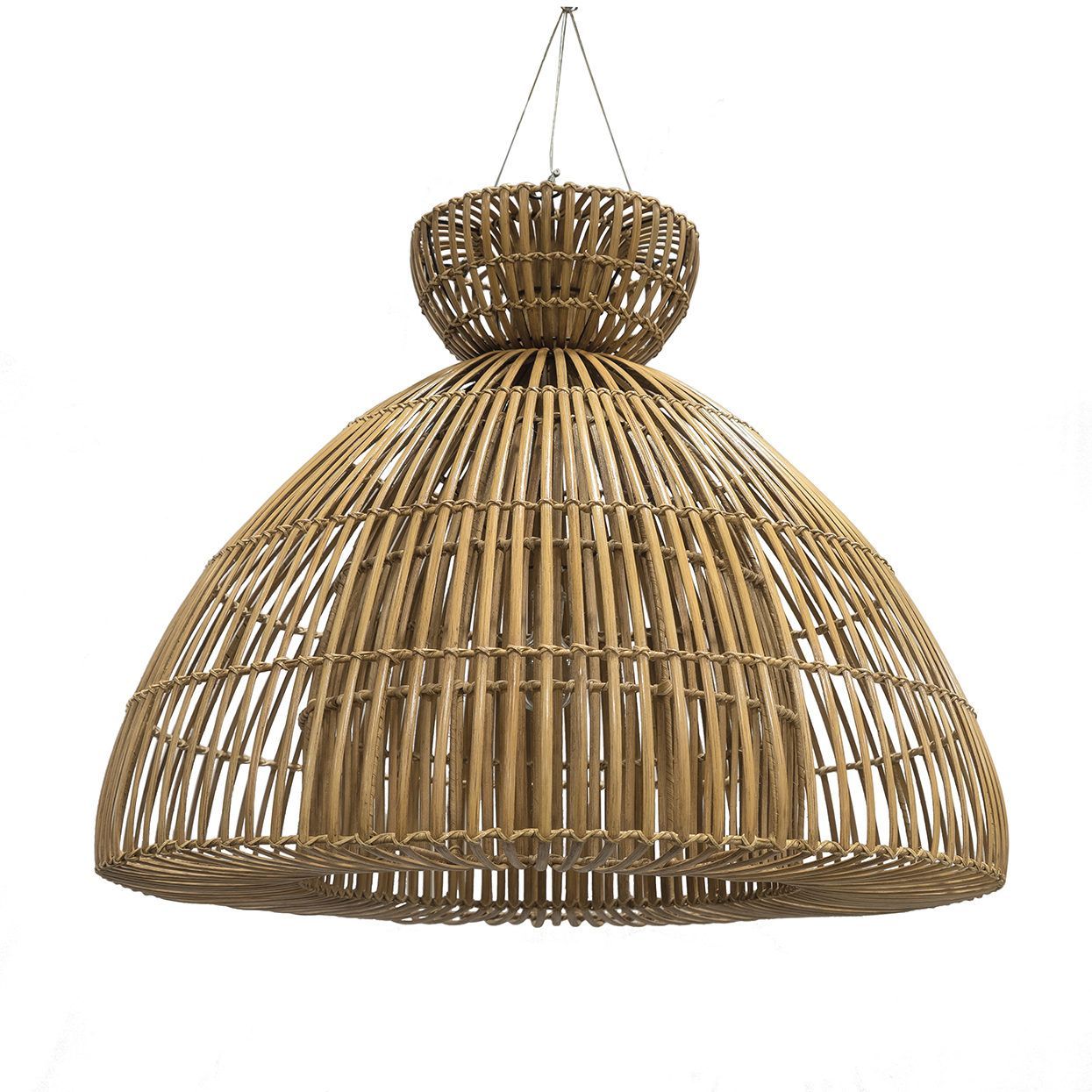 Woven rattan dome pendant light with a bulb-shaped top, hanging on a white background