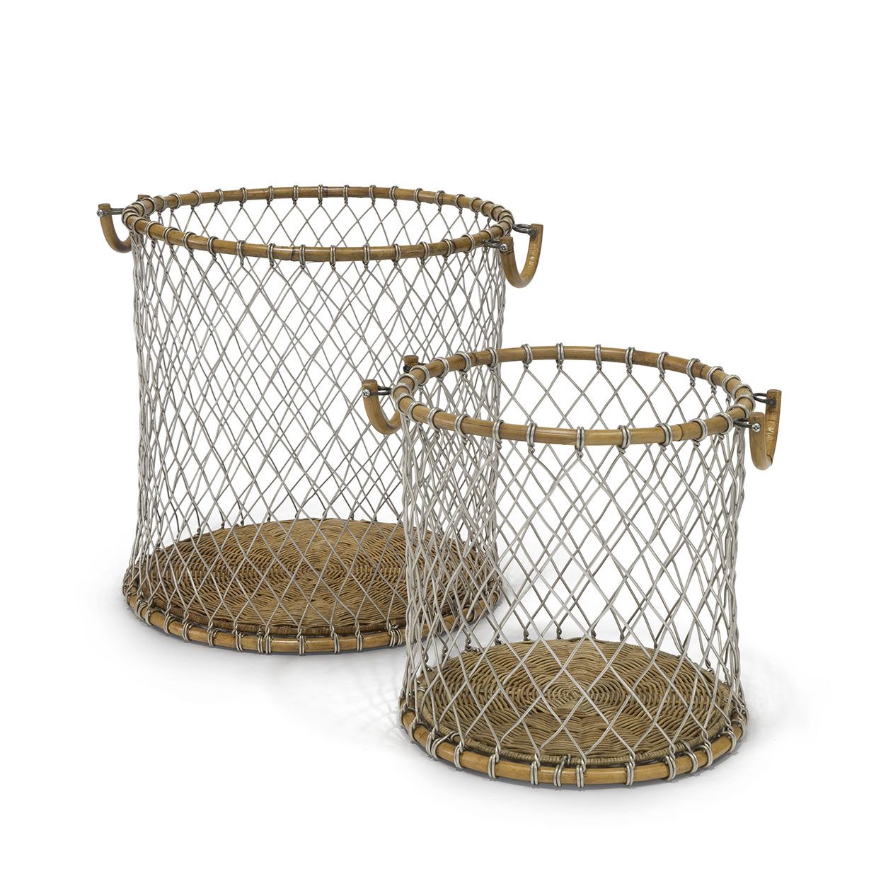 Two round woven wire baskets with handles, one large and one small, on a white background