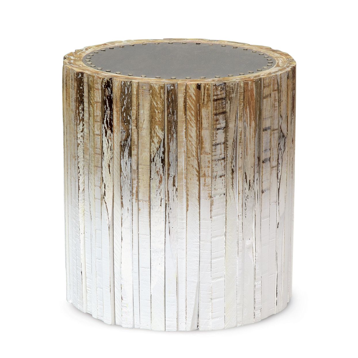 Round metallic side table with a gold-to-white ombré finish and mirrored top