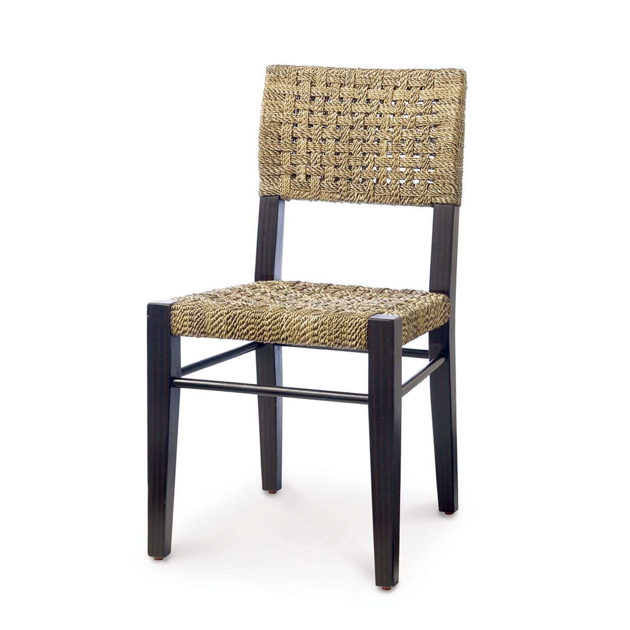 Modern chair with woven tan seat and back, dark wooden frame, on a white background