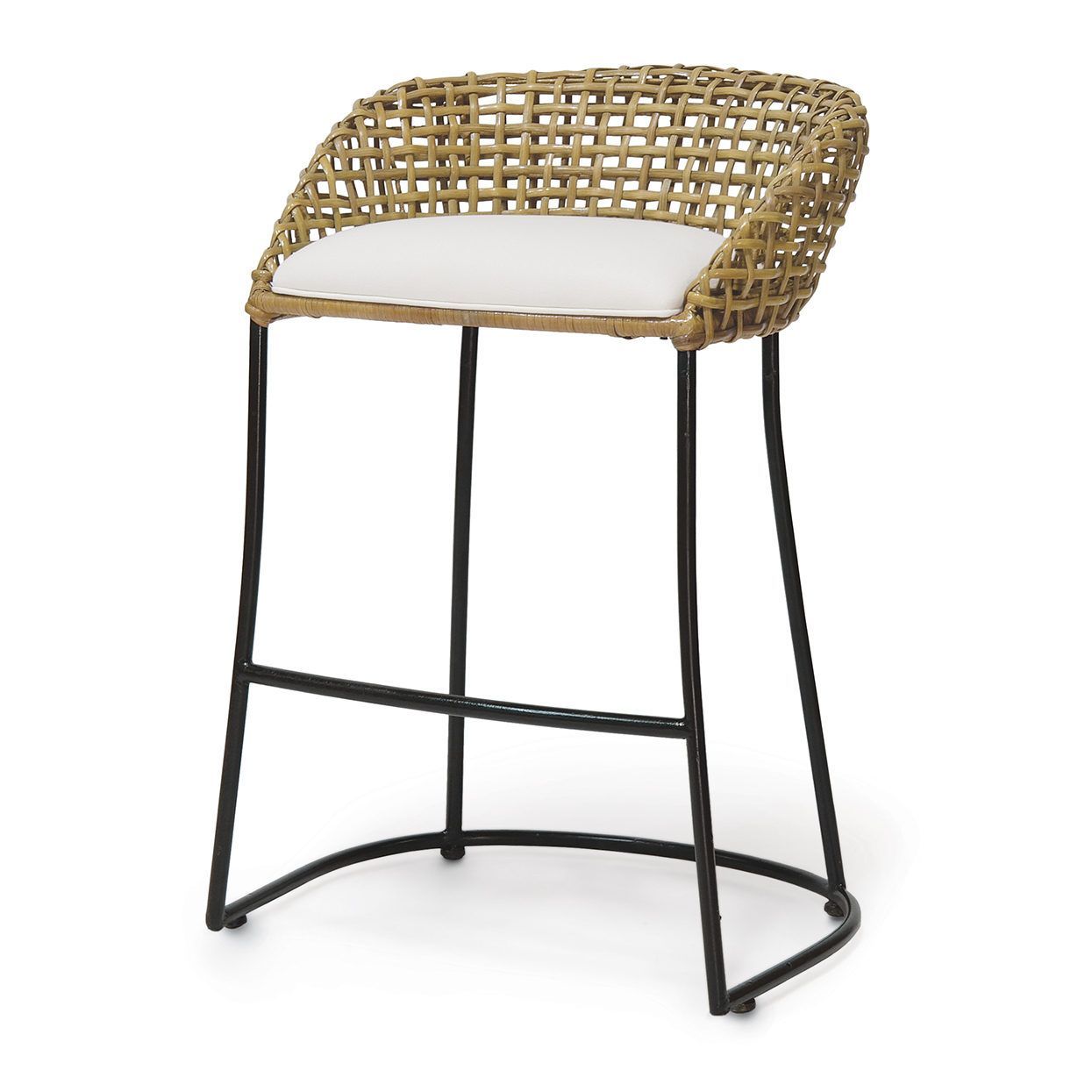 Wicker bar stool with a white seat cushion and black metal legs on a white background