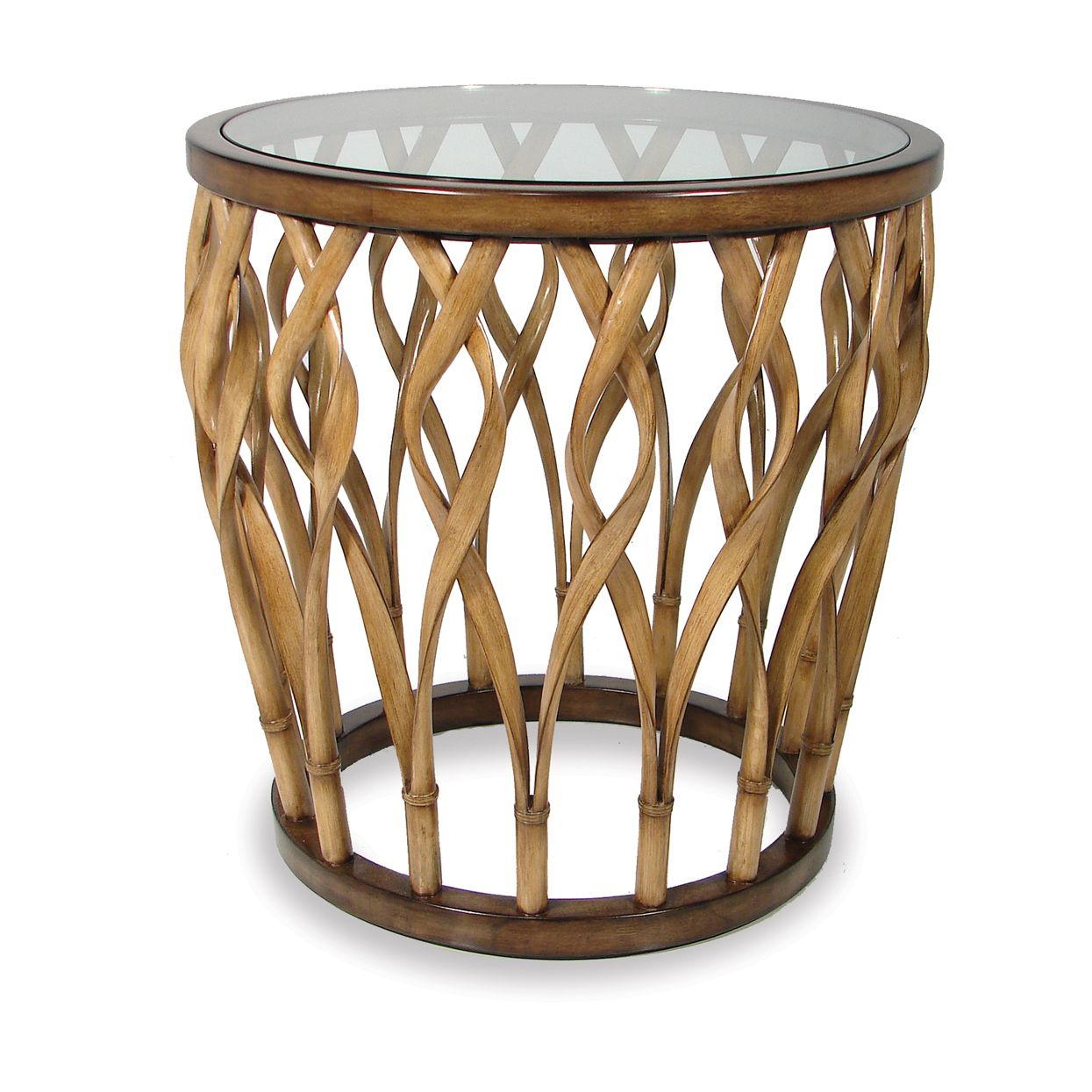 Round wicker side table with a glass top and dark metal base