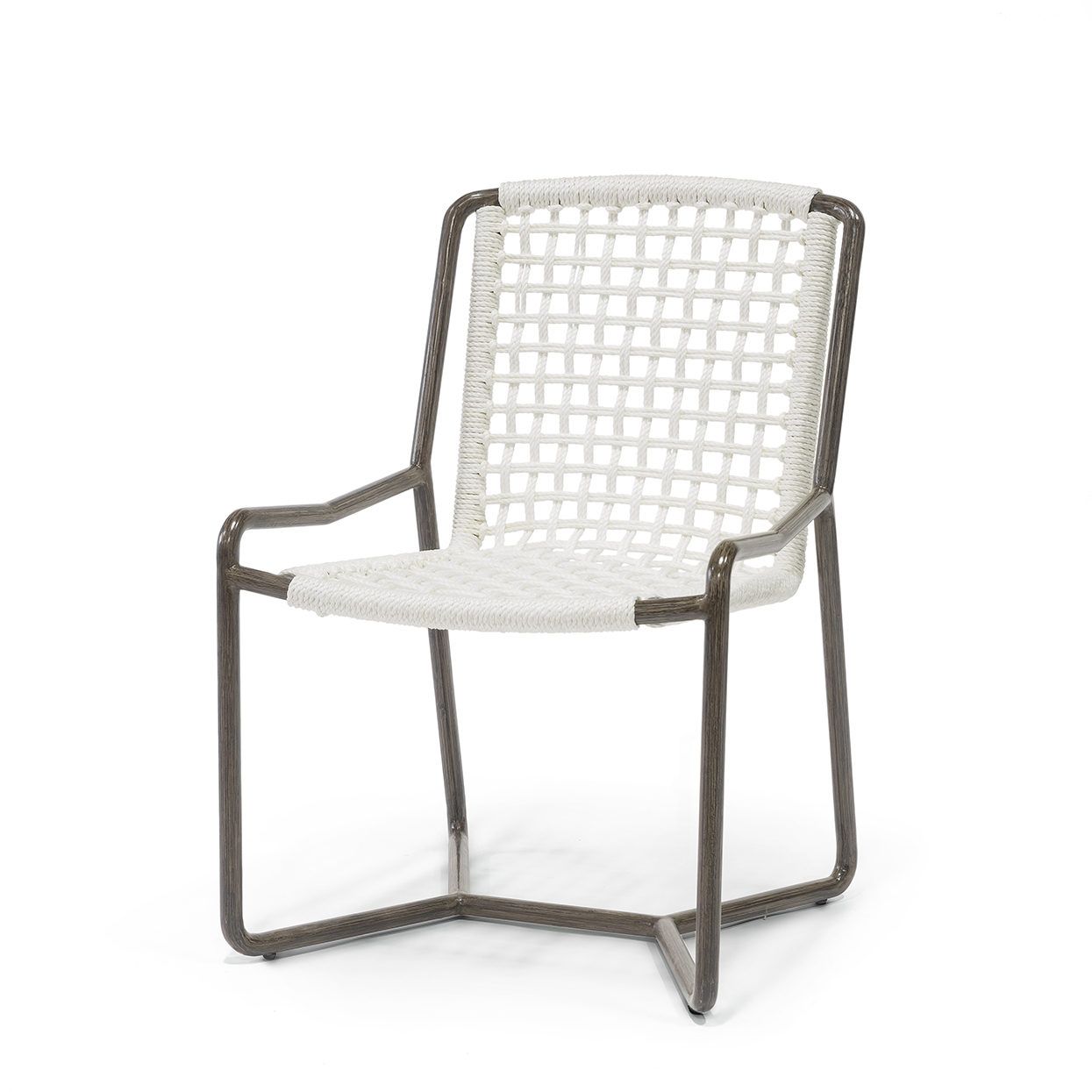 White woven chair with a gray metal frame on a white background