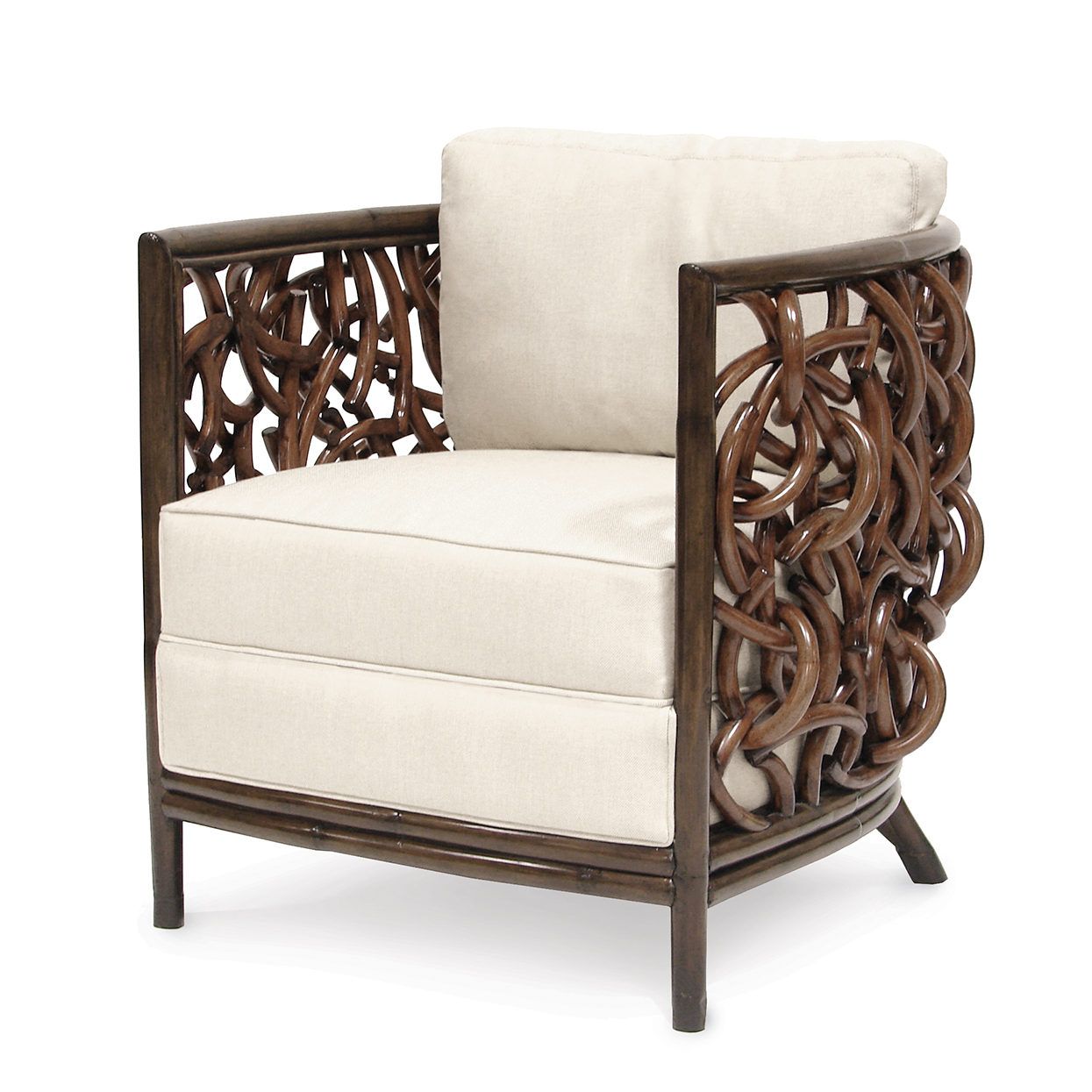 Cream upholstered armchair with carved dark wood frame and ornate side panels