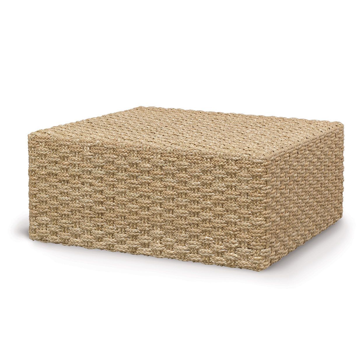 Beige woven ottoman or cushion block on a white background