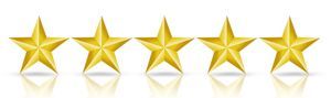 Five gold stars with subtle reflections on a white background